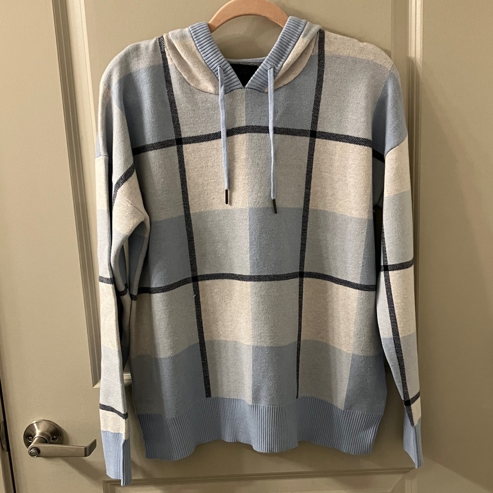 Rachel Roy Athleisure Wear Blue and Cream Knit Pullover Hoodie